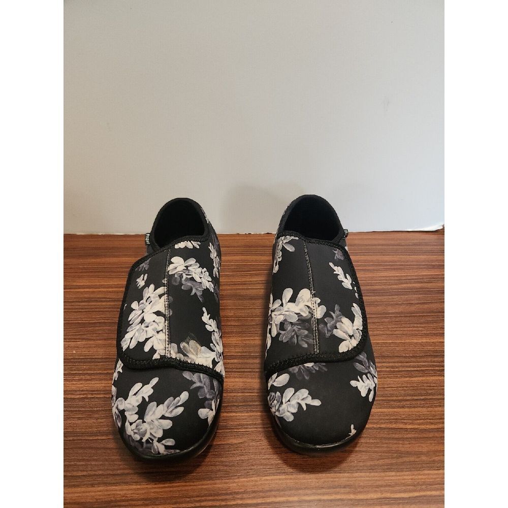 Propet Black Floral Fabric Ortho Comfort Shoes Loafers Hook Loop Womens 8.5 AA